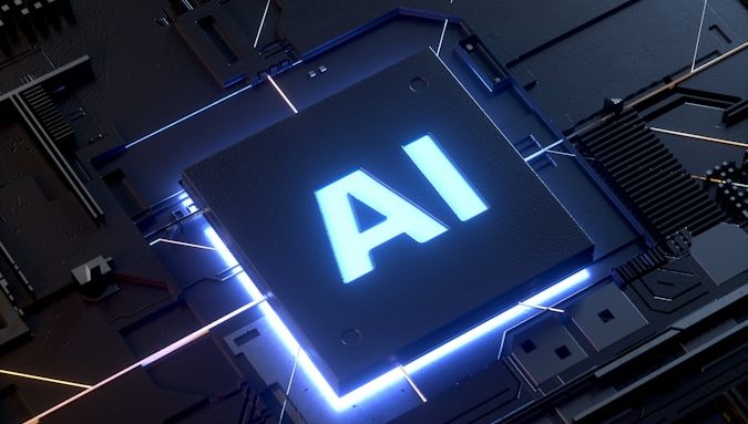 Schwarzer Prozessor mit leuchtendem "AI"-Text auf einer Leiterplatte.