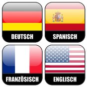 Flaggen von Deutschland, Spanien, Frankreich und den USA mit Kennzeichnung der Sprachen.