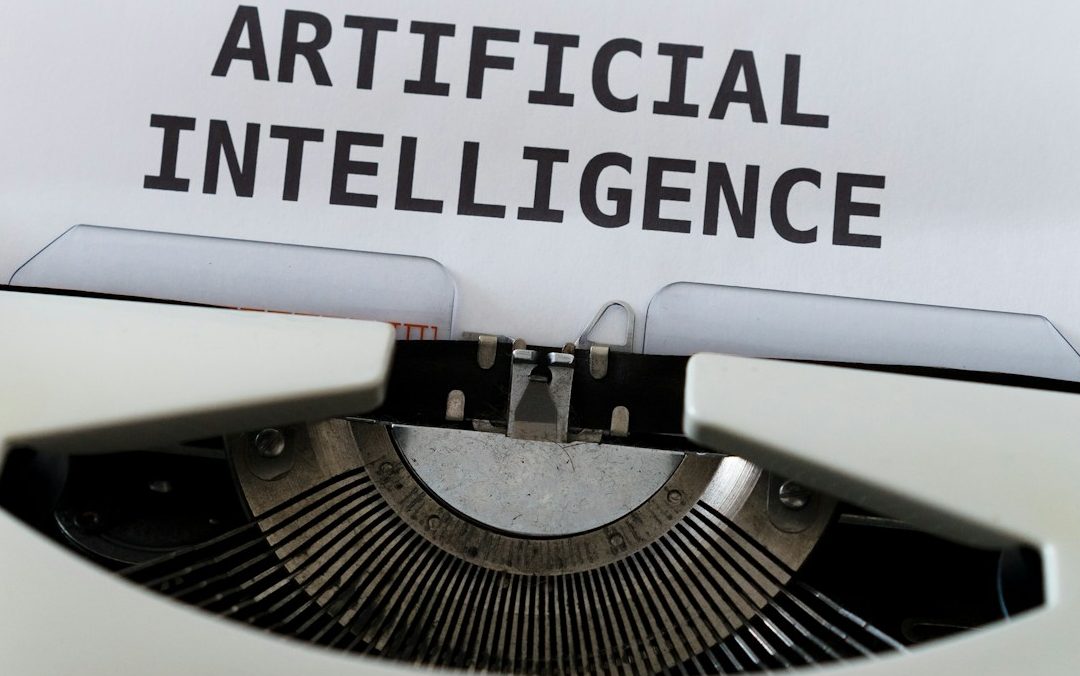 Eine Schreibmaschine mit dem Schriftzug "Künstliche Intelligenz" auf Papier.