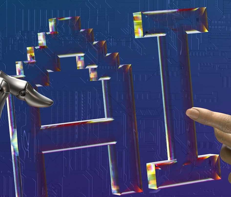 Roboterhand und menschlicher Finger zeigen auf die Buchstaben „AI“ vor digitalem Hintergrund.